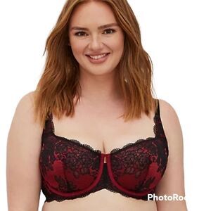 40D Torrid Balconette Bra Red Black Lace Lingerie Boudior Pinup Sheer Wire Retro